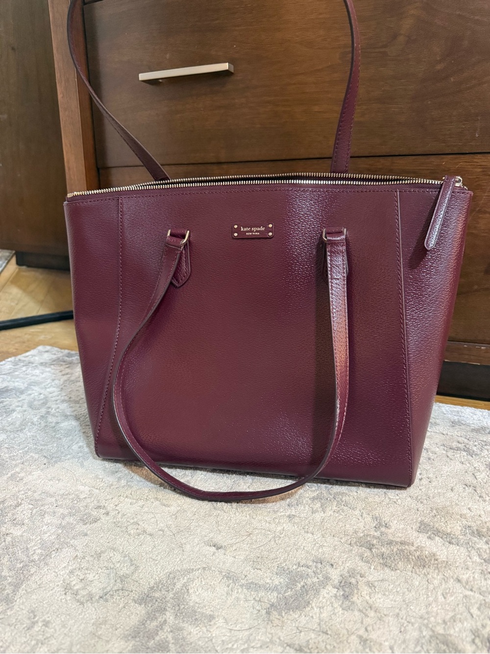Kate Spade Deep Burgundy Leather Tote with Gold Hardware